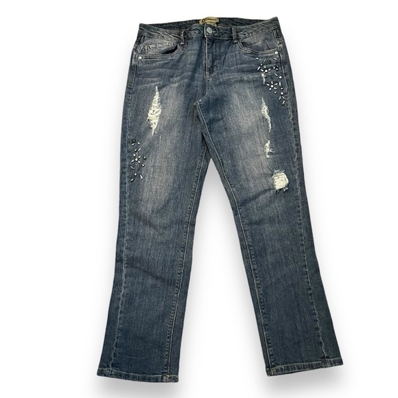 Democracy Jeans Flex-ellent Distressed Stretch Denim Jewels Bootcut Size 12 - Picture 1 of 11